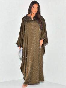Áo choàng Abaya/Cardigan dáng rộng đính đá lấp lánh thời trang Trung Đông mới nhất mùa Xuân/Hè 2025 dành cho nữ - Lạc đà - Xem 3