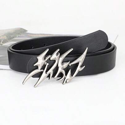 [Punk oscuro] Cinturón vintage de cuero PU negro desgastado con hebilla de llama plateada, estilo motero unisex Y2K baddie cool para jeans