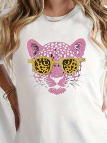 Camiseta de cuello redondo con estampado de leopardo rosa, camiseta casual de manga corta para primavera y verano, ropa de mujer - Blanco - Ver 5