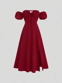 YHHSweetra Vestido maxi de mujer estilo burdeos con hombros descubiertos y tejido de sarga a la modaYHH - Burdeos - Ver 6