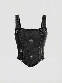 Parte superior de tirantes anchos y cierre trasero de mezclilla casual negra para mujer - Negro 2 - Ver 1