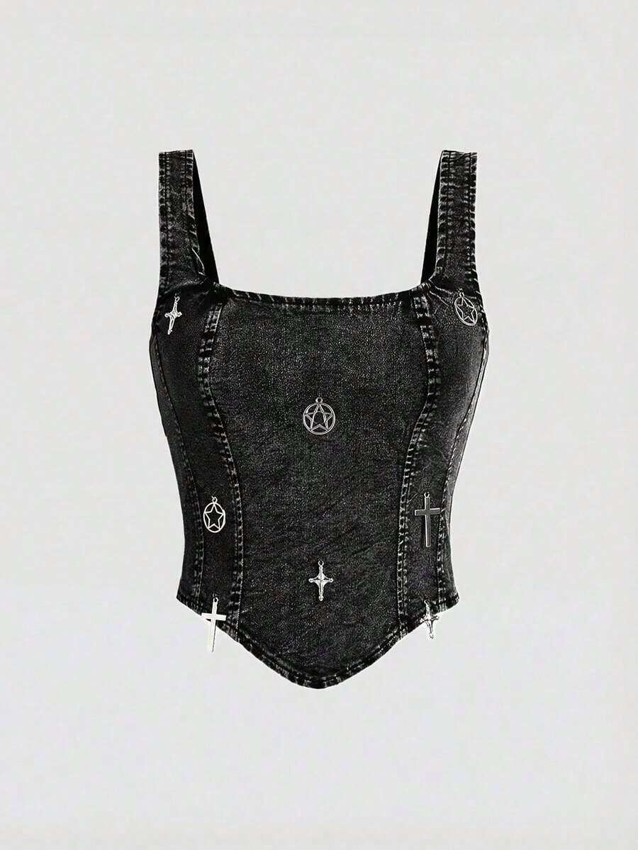 Parte superior de tirantes anchos y cierre trasero de mezclilla casual negra para mujer - Negro 2 - Ver 1