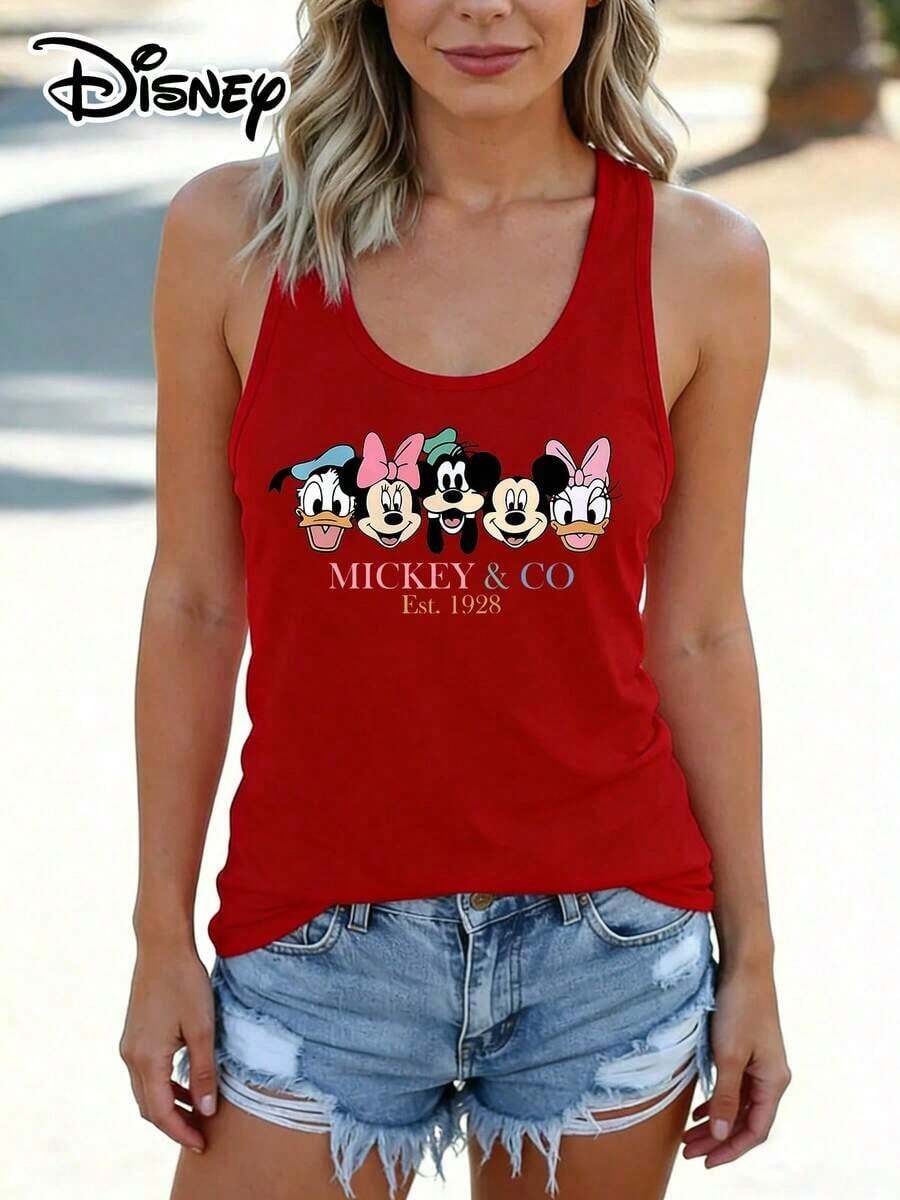 Disney Official Authorization | Women's Casual Crew Neck Sleeveless Tank Top. Printed With The Iconic Character Heads Of Donald Duck, Minnie Mouse, Goofy, Mickey Mouse, And Daisy Duck, Featuring A Retro "MICKEY & CO Est.1928" Design. Made Of Opaque Fabric, It Is Machine Washable, Versatile And Casual, And Suitable For Spring And Summer Wear. - Đỏ - Xem 1