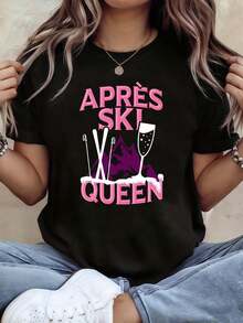 Women's "APRÈS SKI QUEEN" Pure Cotton T-Shirt, Featuring A Post-Ski Queen Theme, Decorated With Snowboard Motifs And Champagne Slogans, Casual Short Sleeves, In Pink And Purple, Sweet And Modern, An Exquisite Garment For Ski Lovers' Holidays. Plain White T-Shirt. - 黑色 - 查看 2