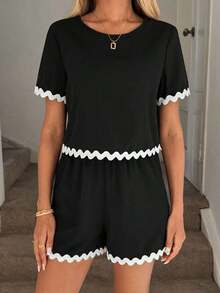 Conjunto de 2 piezas de top de manga corta con cuello redondo a cuadros y shorts casuales para mujer, de verano - Negro - Ver 7