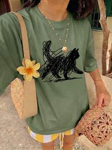 轻盈舒适柔软的短袖T恤，适合全天穿着，INS街头风Pinterest美学黑色涂鸦猫咪线条艺术印花，橄榄绿夏季休闲上衣 - 橄欖綠 - 查看 3