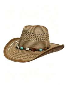 Un sombrero de vaquero unisex de paja de papel marrón con diseño calado que protege del sol, adecuado para actividades al aire libre y vacaciones en la playa - A - Ver 13