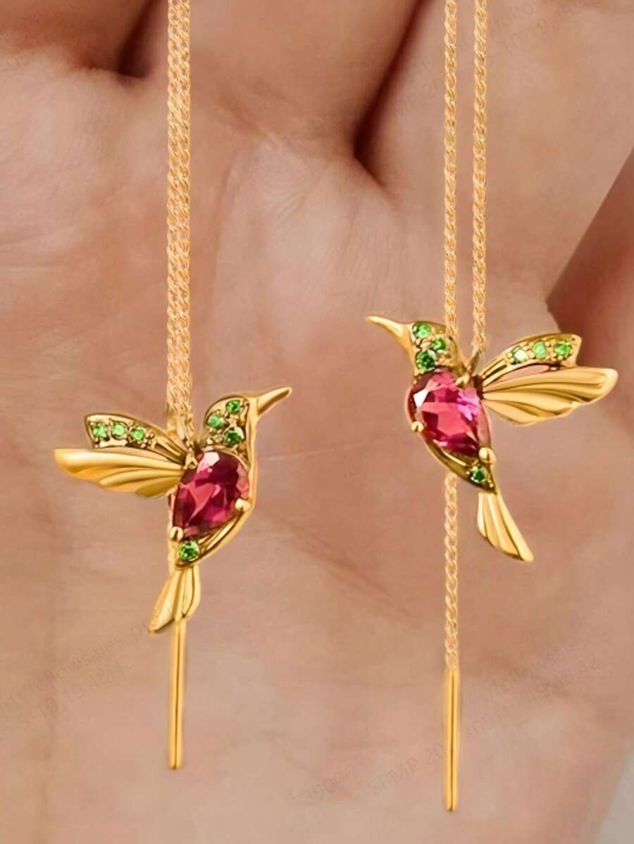 1 Pair Hummingbird Threader Earrings, Gold Plated Long Drop Earrings With Sparkling Pink CZ & Green Crystal, Dainty Bird Thread Through Earrings, Delicate Chain Ear Line, Elegant Animal Jewelry For Women, Daily Party Wear, Valentine's Gift, Stackable, Non Tarnish, Hypoallergenic, Fashion Accessories - Gold - View 1