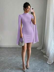 Vestido de capa ajustada con cuello mao de unicolor - Morado - Ver 5