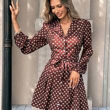 PariChic Women's Elegant Coffee-Colored Long-Sleeved Dress With A Romantic All-Over Rose Print, Featuring A Bow Belt, Front Buttons, And A Stylish Design Suitable For Autumn/Winter, Spring/Summer, Vacations, Valentine's Day Dates, Birthdays, A-Line Silhouettes, And Cute, Romantic Puff-Sleeved Short Dress - Albaricoque - Ver 9