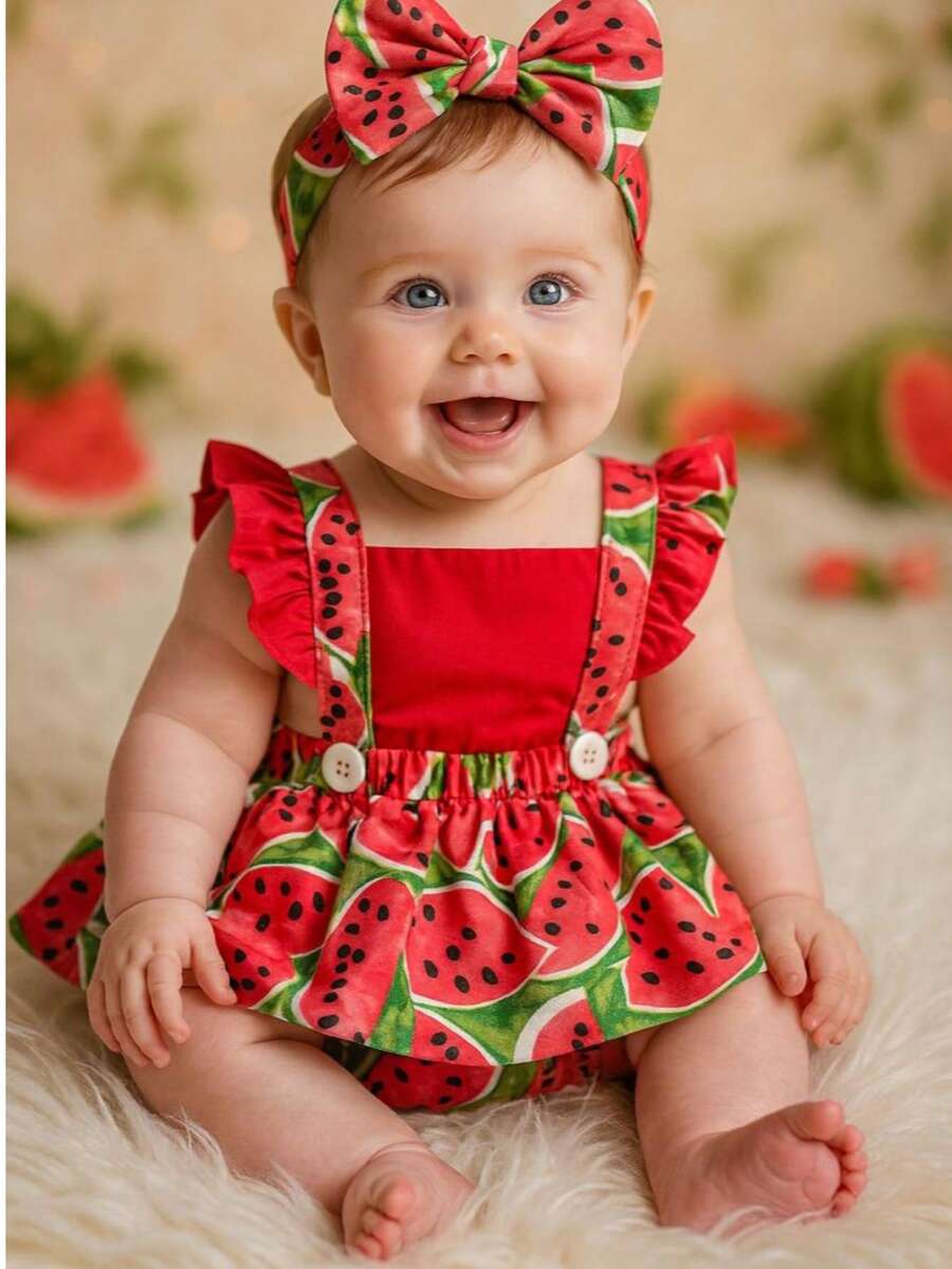 Baby Skirt Overalls Children's Blogger Watermelon Fruits Little Fruit Girl Feeding Food Introduction Photo Shoot Monthly Themed Baby Baby Birthday Skirt Glamour Premium Lightweight Tricoline 100% Cotton Adjustable And With Elastic Easy To Wear - Đỏ - Xem 1
