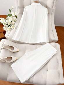 2 piezas Conjunto de chaqueta y pantalones cortos casuales, sueltos y con botones para mujer, color blanco, para primavera/verano/otoño - Blanco - Ver 3