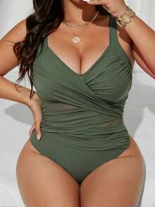 Swim  Traje de baño de una pieza de corte slim, con parches de malla de dos tonos y cruzados, para mujer de talla grande.Ideal para el verano y las vacaciones en la playa. - Verde militar - Ver 3