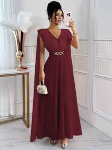 Nuevo vestido ligero con decoración de cinturón de cintura fruncida, diseño de lazo en la espalda, elegante y grácil vestido casual para la temporada de bodas y vacaciones - Burdeos - Ver 6