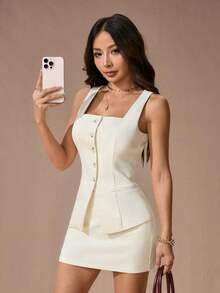 PETITE Conjunto de 2 piezas: Chaleco de traje + Falda de traje para mujer - Beis - Ver 7