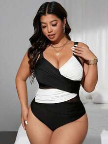 Swim  Traje de baño de una pieza de corte slim, con parches de malla de dos tonos y cruzados, para mujer de talla grande.Ideal para el verano y las vacaciones en la playa. - Blanco y Negro - Ver 3