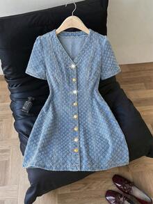 Vestido vaquero de mujer de moda casual con cuello en V y abotonadura sencilla - Lavado ligero - Ver 3