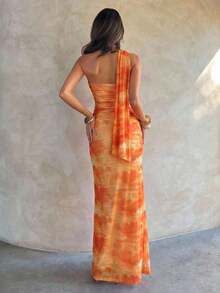 Vestido de mujer elegante y sexy con estampado floral de malla - Naranja - Ver 5