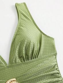 Swim Oasis Set de 2 piezas que incluye 1 traje de baño entero de un solo color y 1 falda larga de malla para playa, verano y vacaciones - Verde 2 - Ver 7