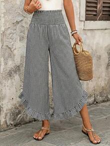 Pantalones anchos de cintura alta con volantes, estilo casual para vacaciones, aptos para primavera, verano y otoño - Blanco y Negro - Ver 4