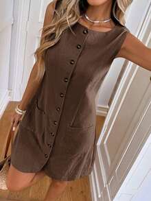 Vestido mini casual de mujer con botones y bolsillo - Marrón - Ver 8
