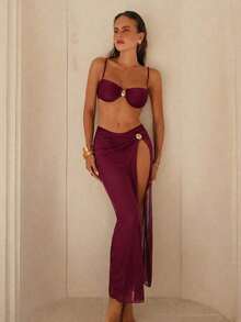 Conjunto de 3 piezas para primavera/verano: Camiseta sin mangas con aros push-up de unicolor, calzoncillos de natación de tiro alto y falda larga de malla, traje de baño para vacaciones en la playa para mujeres - Burdeos - Ver 2