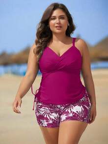 Swim Lushoire Set de 2 piezas de tankini con estampado floral para mujeres de talla grande - Rosa Roja - Ver 4