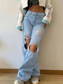Jeans rectos holgados y apilados de estilo vintage para mujer, casuales para primavera - Azul lavado medio 2 - Ver 5