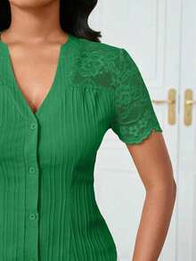 Camisa casual de mujer de unicolor y estilo simple para uso diario, verano - Verde 3 - Ver 3