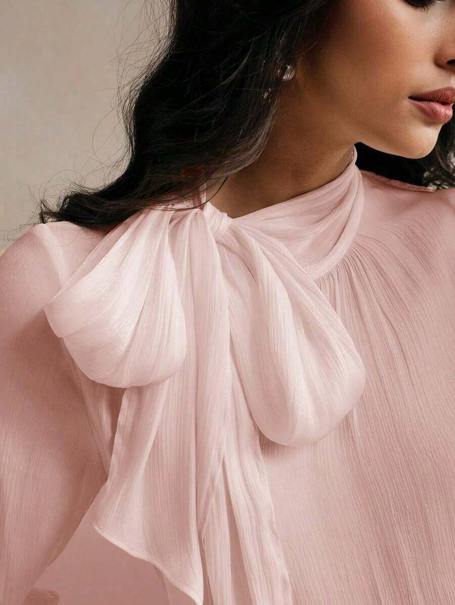 Blusa elegante y chic de cuello alto, manga larga y puños con lazo para uso diario - Rosa - Ver 1