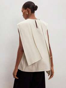 Blusa suelta con bajo asimétrico de unicolor para mujer - Caqui - Ver 3