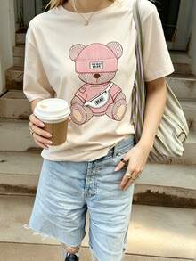 Casual Women's Short Sleeve Round Neck T-Shirt with Olive Bowl Graphic Print, Regular Fit Polyester Top with Slight Stretch - Albaricoque - Ver 2
