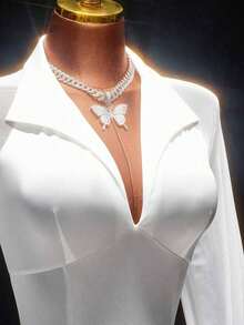 Vestido mini ajustado con cuello en V blanco, cintura ceñida, para mujer, estilo romántico de primavera - Gris - Ver 7