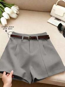 cortos de mujer de estilo minimalista francés, tejidos de unicolor, casuales para ir al trabajo, de cintura alta, con silueta A y pierna ancha, de estilo retro - Gris - Ver 4