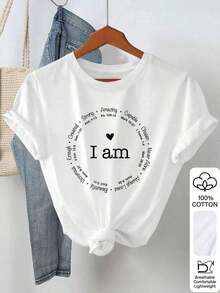 1 pieza Camiseta de manga corta con cuello redondo y estampado de letras para mujer, talla estándar , 180g, 100% algodón. - Blanco - Ver 1