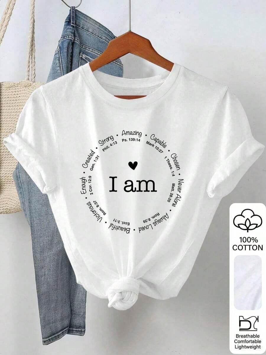 1 pieza Camiseta de manga corta con cuello redondo y estampado de letras para mujer, talla estándar , 180g, 100% algodón. - Blanco - Ver 1