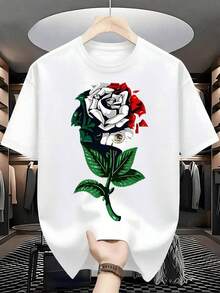 Rosa Formed By The Colors Of The Mexican Flag With White, Red And Green Petals That Symbolize Unity And National Pride Accompanied By Vibrant Green Leaves. Men's T-Shirt 100% Cotton 220g - 白色的 - 查看 8
