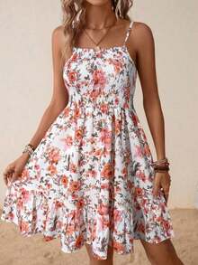 Vestido de verano de mujer con tirantes finos y estampado floral diminuto - Naranja - Ver 6