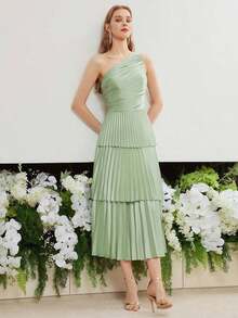 PREMIUM VESTIDO CON UN HOMBRO FRUNCIDO Y PLISADO - Verde - Ver 7