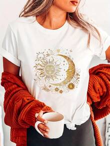 Camiseta de manga corta con cuello redondo y estampado de cara, luna, moda y letras, top casual para verano y primavera, ropa de mujer - Blanco - Ver 6