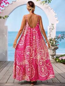 Vestido informal de tirantes de mujer con estampado total, Vestido de tirantes a lunares - Rosa Fucsia - Ver 2