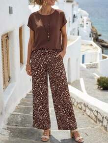 2 piezas Conjunto casual de mujer con pantalones rectos de cuello redondo y manga corta en colores contrastantes con estampado ditsy floral, para primavera/verano - Marrón - Ver 7