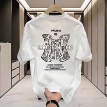 Nueva camiseta estampada de manga corta para hombre, estilo urbano moderno, camiseta de algodón de verano de manga corta personalizada con cuello redondo y hombros regulares para uso diario. OWGM - 250 g de algodón puro - negro - Ver 6