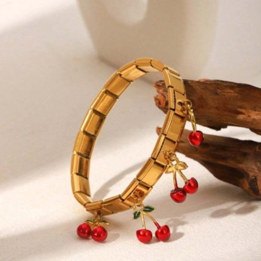 1 chiếc vòng tay nữ bằng thép không gỉ co giãn kiểu cổ điển - Mặt dây chuyền hình quả anh đào tráng men đỏ có thể điều chỉnh kích thước, đính hạt vuông vàng, dây đeo có thể mở rộng, thích hợp cho các bữa tiệc, kỷ niệm, lễ tốt nghiệp và đeo hàng ngày. - Vàng - Xem 1