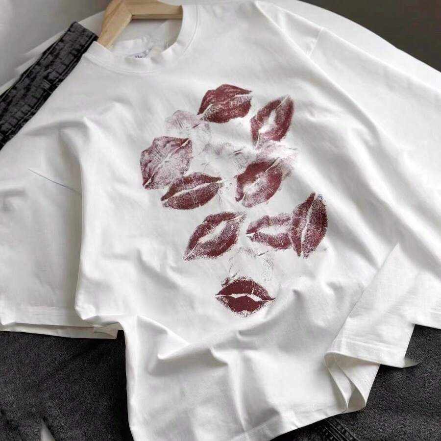 Camiseta de Manga Corta con Diseño Divertido Estilo Urbano Americano, Corte Holgado, Cuello Redondo Versátil, Top de Verano Estilo High Street - Blanco - Ver 1