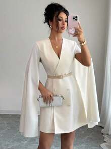 Vestido blazer con cinturón y cuello en V de unicolor para mujer - Albaricoque - Ver 1