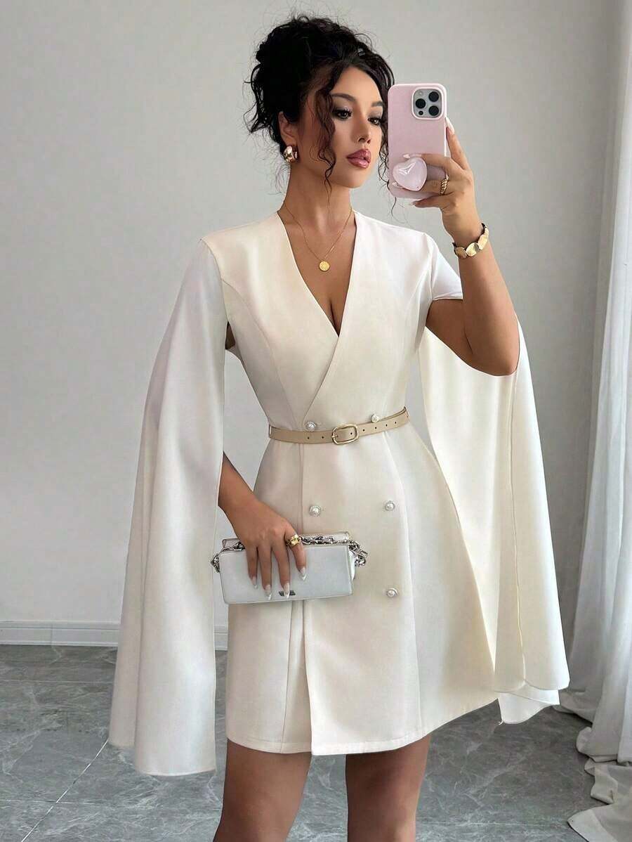 Vestido blazer con cinturón y cuello en V de unicolor para mujer - Albaricoque - Ver 1