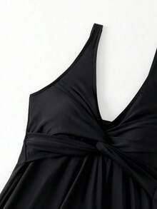 Swim Lushoire Conjunto casual de verano para playa de mujer - Traje de baño con falda de diseño retorcido y shorts de baño - Negro - Ver 7