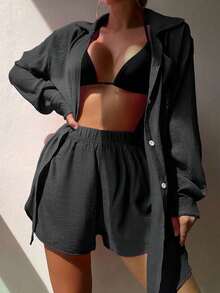 Swim Vcay Set cover up unicolor con botón delantero - Negro - Ver 3
