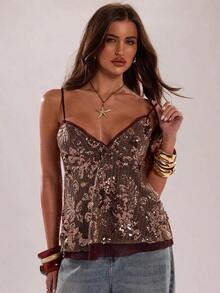 Camiseta de mujer con decoración de lentejuelas - Marrón - Ver 6
